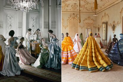 A la izquierda, diseños de Charles James fotografiados por Cecil Beaton (1948); a la derecha, colección Moncler Genius de Pierpaolo Piccioli (2019). Foto: Cecil Beaton / getty images, cortesía de Moncler