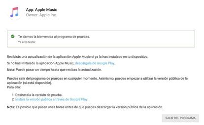 Programa de pruebas de Apple Music en la Play Store.