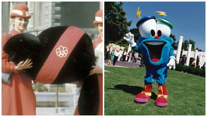 À esquerda, Amik (que significa "castor" em um idioma indígena), a mascote de Montreal, 1976. À direita, Izzy, a mascote dos Jogos Olímpicos de Atlanta, 1996