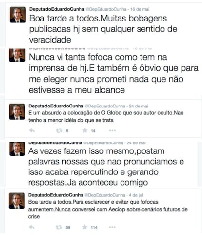 Montagem com cinco tuites de Cunha.