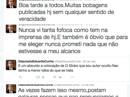 Montagem com cinco tuites de Cunha.
