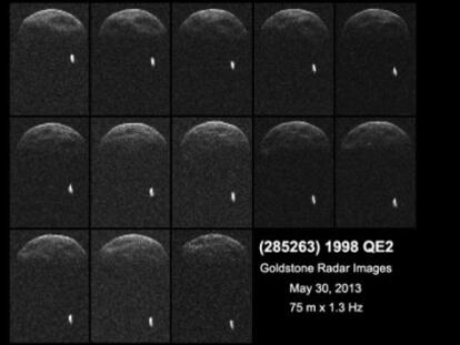 Imágenes tomadas con radar del asteroide 1998 QE2 a unos seis millones de kilómetros, con su pequeña luna (la mancha brillante).