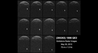 Imágenes tomadas con radar del asteroide 1998 QE2 a unos seis millones de kilómetros, con su pequeña luna (la mancha brillante).