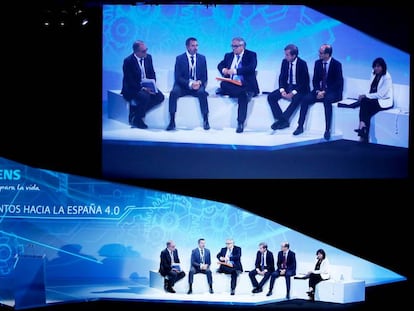 Debate de Siemens Days. En la imagen, de izq a dcha: Miguel Jimenez, Miguel Rego, Enric Tic&oacute;, Manuel Fern&aacute;ndez, Juan Castellano y Rosa Garc&iacute;a.