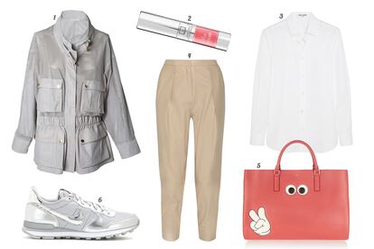 1. Uterqüe Chaqueta de piel lisa y perforada con cuatro bolsillos. 2. Lancôme Color lip 'French Innocence - Lip Lover'. 3. Saint Laurent Camisa de corte masculino. 4. By Malene Birger Pantalón de piel con pinzas. 5. Anya Hindmarch Tote de piel con ojos y mano. 6. Nike Sneaker de piel metalizada y rejilla.