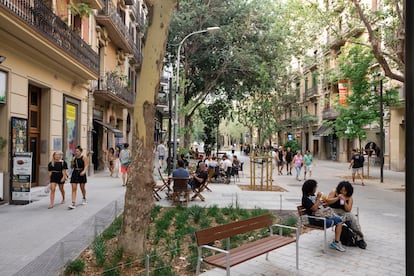 Otro tramo de la calle de Consell de Cent de Barcelona, convertida en un "eje verde", en una imagen de julio.