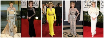 En los últimos años, Jane Fonda también se ha colocado en la lista de las mujeres más elegantes de las alfombras rojas. En la imagen, de izquierda a derecha, la actriz en la ceremonia de los Oscar el año 2000, en la alfombra roja de los Globos de Oro de 2011, en los Oscars de 2013 y de 2015 y en los Globos de Oro de 2016. 