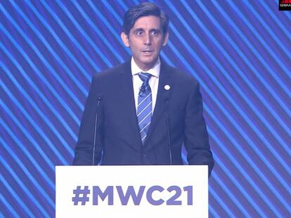 José María Álvarez-Pallete, durante su intervención esta mañana en el Mobile World Congress, en Barcelona.
