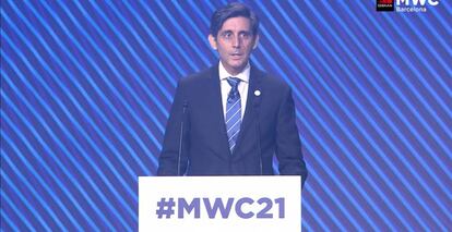 José María Álvarez-Pallete, durante su intervención esta mañana en el Mobile World Congress, en Barcelona.