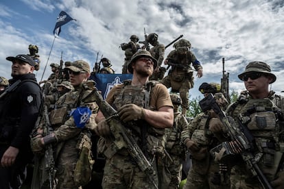 Members of the Russian Volunteer Corps near the Russian border in Ukraine, May 24, 2023. 