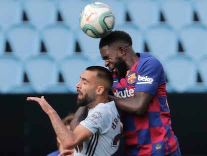 Umtiti pelea el balón con Brais Méndez, en el duelo ante el Celta en Balaídos este pasado junio.