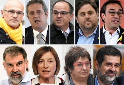 Clockwise from top left: Raül Romeva, Joaquim Forn, Jordi Turull, Oriol Junqueras, Josep Rull, Jordi Sànchez, Dolors Bassa, Carme Forcadell, Jordi Cuixart.