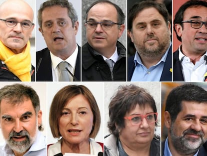 Clockwise from top left: Raül Romeva, Joaquim Forn, Jordi Turull, Oriol Junqueras, Josep Rull, Jordi Sànchez, Dolors Bassa, Carme Forcadell, Jordi Cuixart.