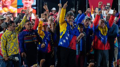 El presidente venezolano, Nicolás Maduro, celebra el resultado anunciado por el Consejo Nacional Electoral, en Caracas.