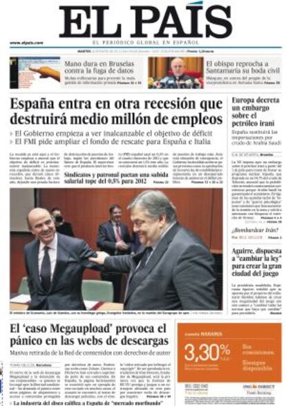 Portada de EL PAÍS del 24 de enero de 2012