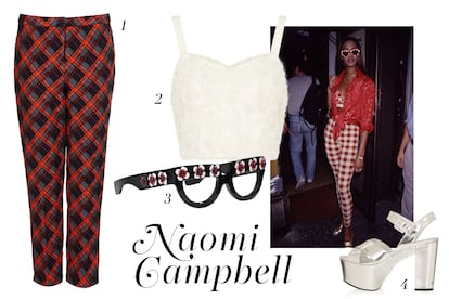 El regreso del tartán con Naomi Campbell: 1. Pantalón de cuadros de Topshop (65 euros). 2. Crop top blanco de Topshop (36 euros). 3. Gafas de Prada (c.p.v). 4. Sandalia de Topshop (86 euros).