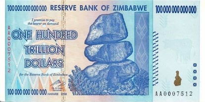 Nota de 100 trilhões de dólares zimbabuanos.