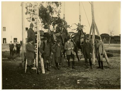 El Rey Alfonso XIII, tercero por la derecha, posa junto a marqueses y condes tras una cacería en Doñana