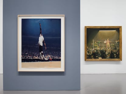 Installation view of ‘Revolutions: Art from the Hirshhorn Collection, 1860-1960.′ A contemporary work by Paul Pfeiffer is shown alongside the painting ‘Ringside Seats’ (1924) by George Bellows.