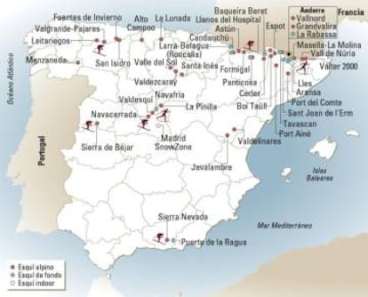 Mapa de estaciones de esquí en España y Andorra.