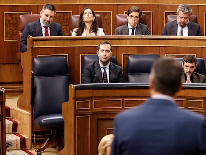 El presidente del Gobierno, Pedro Sánchez (de espaldas) se dirige al líder de Vox, Santiago Abascal, en el Congreso, en Madrid, este 24 de abril.