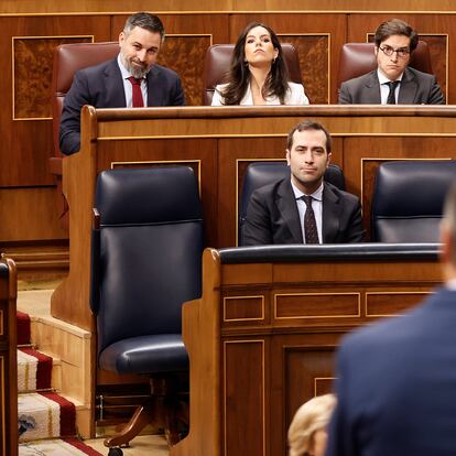 El presidente del Gobierno, Pedro Sánchez (de espaldas) se dirige al líder de Vox, Santiago Abascal, en el Congreso, en Madrid