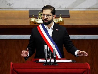 Gabriel Boric durante su segunda Cuenta Pública, en Valparaíso, este jueves.