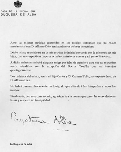 Comunicado del anuncio del próximo enlace de la Duquesa de Alba