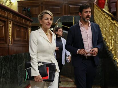 La vicepresidenta Yolanda Díaz, el pasado martes en el Congreso, junto al diputado Antón Gómez Reino.