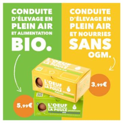 Poulehouse comercializa dos tipos de huevos: producidos por gallinas ponedoras que son criadas al aire libre, con alimentación bio o con alimentación sin OGM.