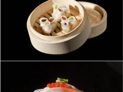Fotografías de uso editorial facilitadas por Acción y Comunicación de variedades de dim sum, la tapa china de moda en España. (De arriba a abajo: Hakao de vieiras espárragos y Goji, hakao relleno con salmón y huevas, y el pao relleno de crema de coco). Dim sum significa en cantonés "tocar el corazón".