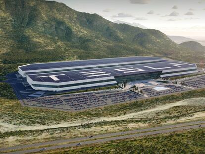 The future Tesla plant in Nuevo León, in a digital design produced by the company.