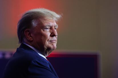 Former president and Republican presidential candidate Donald Trump looks on as he attends the Republican Party of Iowa's Lincoln Day Dinner in Des Moines, Iowa, on July 28, 2023.