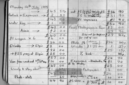 Libro de contabilidad a la vieja usanza. Este data de 1975 y pertenecía a Julian Yewdall, manager del grupo The 101'ers liderado por Joe Strummer, quien posteriormente sería líder de The Clash.