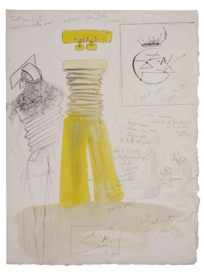 'Yellow Austronaut-clerical', diseño para un vestido de noche veraniego. Uno de los diseños de moda de Dalí para la temporada de 1965.