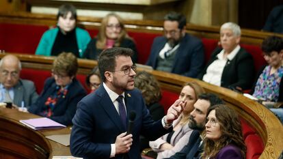 El presidente de la Generalitat, Pere Aragonès, en el pleno del Parlament de este miércoles.