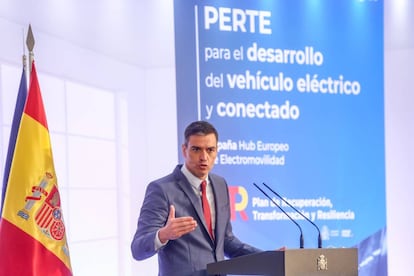 El presidente del Gobierno, Pedro Sánchez, interviene en la presentación en Moncloa del Proyecto Estratégico para la Recuperación y Transformación Económica (PERTE) del sector de la Automoción
