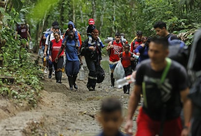 Migrantes venezolanos caminan a través del Tapón del Darién, el 8 de octubre.