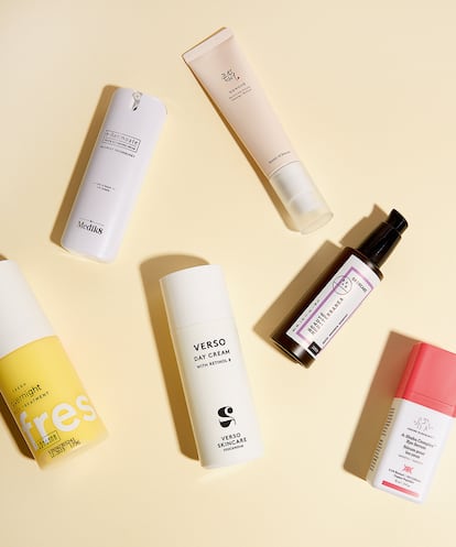 Left to right: Overnight Body Treatment by RINGANA, r-Retinoate eye serum by MEDIK8, Day Cream 2 by VERSO, Revive Eye Serum by BEAUTY OF JOSEON, Retinal Super Advanced Recovery Serum by BEAUTÉ MEDITERRANEA and A-Shaba eye serum by DRUNK ELEPHANT. 