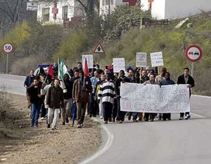 Un grupo de inmigrantes, durante la marcha de ayer entre Baeza y Úbeda.
