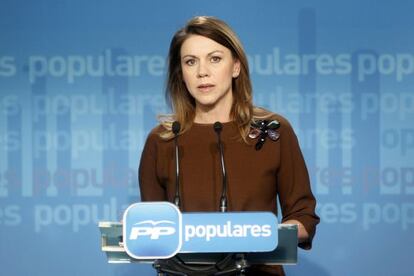 María Dolores de Cospedal durante una comparecencia en la sede del PP de Génova.
