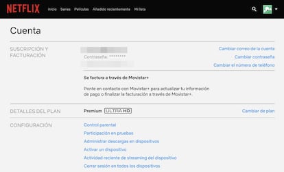 Opciones para gestionar la cuenta de Netflix.