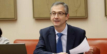 El gobernador del Banco de España, Pablo Hernández de Cos, durante una comparecencia en el Congreso de los Diputados.