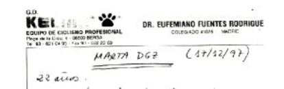 Fragmento de la historia clínica abierta por Fuentes el 17 de diciembre de 1997 a Marta Dgz.