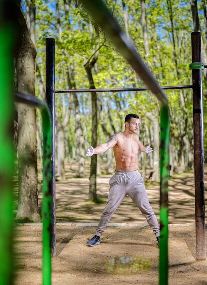 Stretching at the park. 