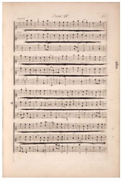 Partitura de Jean-Baptiste Luly censurada por su contenido amoroso (1678).