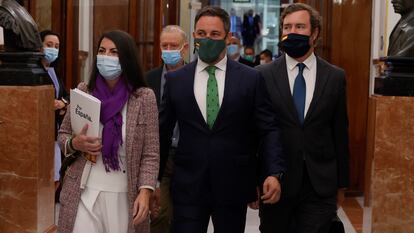 El líder de Vox, Santiago Abascal,  junto a los diputados Iván Espinosa de Los Monteros y Macarena Olona en el Congreso.