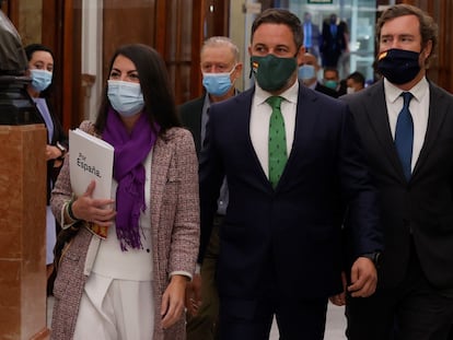 El líder de Vox, Santiago Abascal,  junto a los diputados Iván Espinosa de Los Monteros y Macarena Olona en el Congreso.