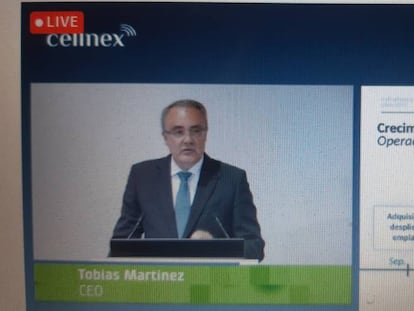 Tobías Martínez, CEO de Cellnex, en la junta de accionistas telemática de hoy.