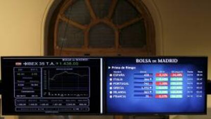 Monitores informativos en la Bolsa de Madrid que muestran el principal indicador de la Bolsa española, el IBEX 35, y la prima de riesgo de la deuda soberana española. EFE/Archivo